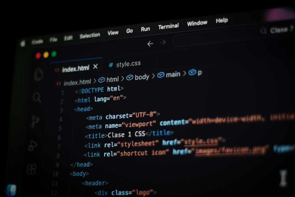 A computer screen displaying an open HTML code editor with code related to web development, including tags such as <html>, <head>, <title>, and <link>. The interface has a dark background with syntax